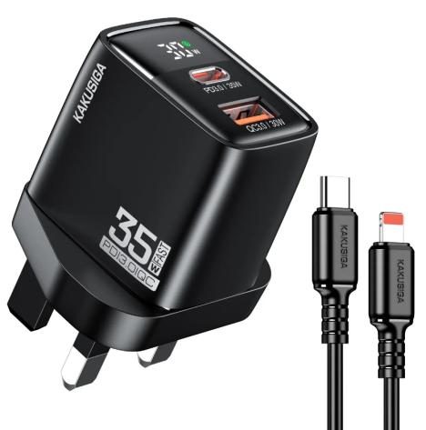 KAKUSIGA KSC-1244 PD35W+QC30 dual port fast charging digital display charger set (UK)(Type-C to Lightning)