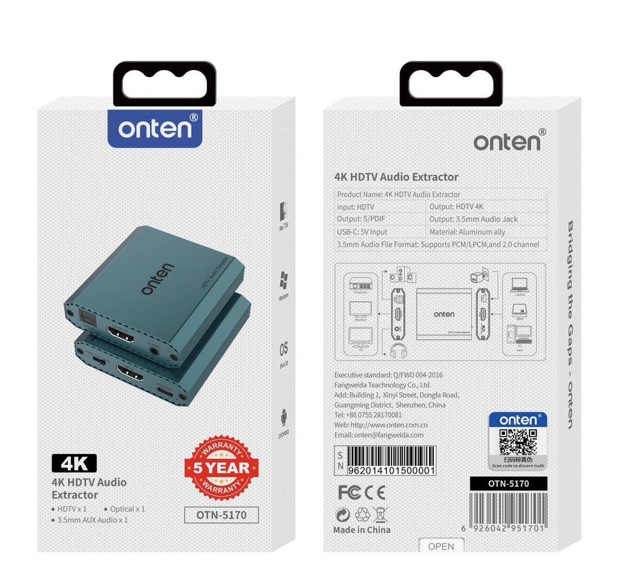 ONTEN OTN-5170 4K HDMI Audio Extractor, HDMI to HDMI +Optical +3.5mm AUX Audio Adapter