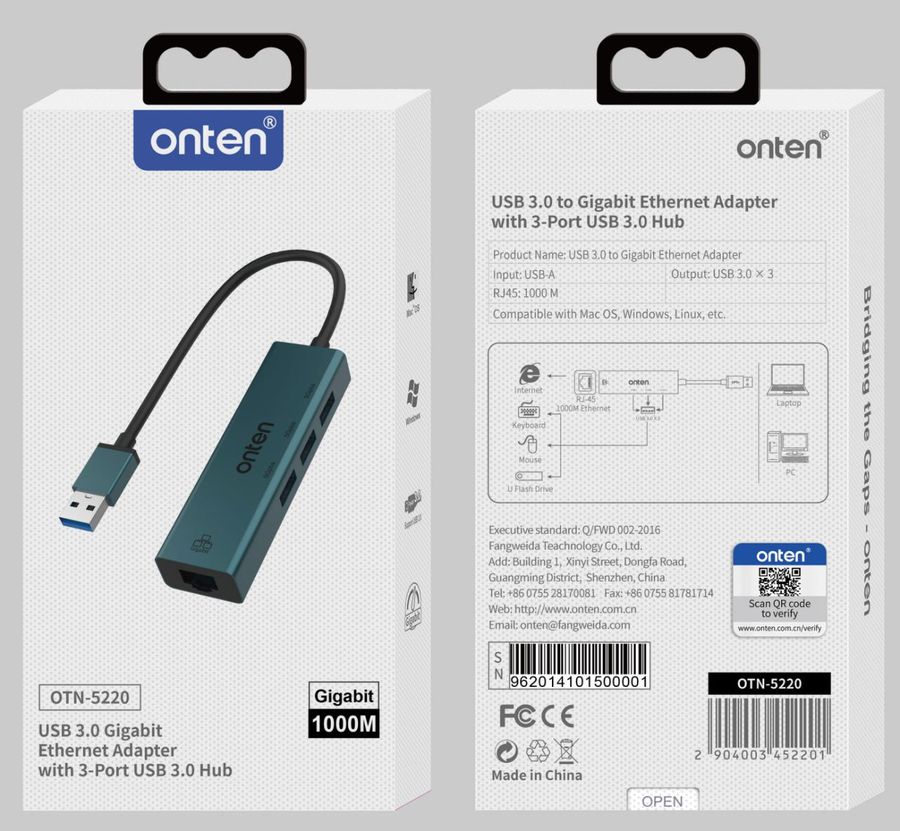 ONTEN OTN-5220 USB3.0 to 3-Ports USB 3.0 Hub with Gigabit Ethernet Adapter