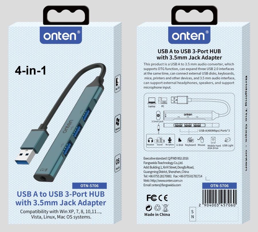 ONTEN OTN-5706 USB A to 3.5mm Jack adapter with USB 3-Port HUB USB A