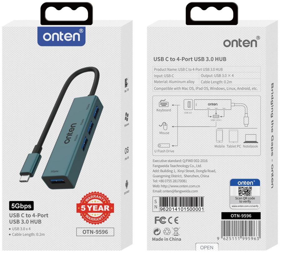ONTEN OTN-9596 USB C to 4-Ports USB 3.0 HUB