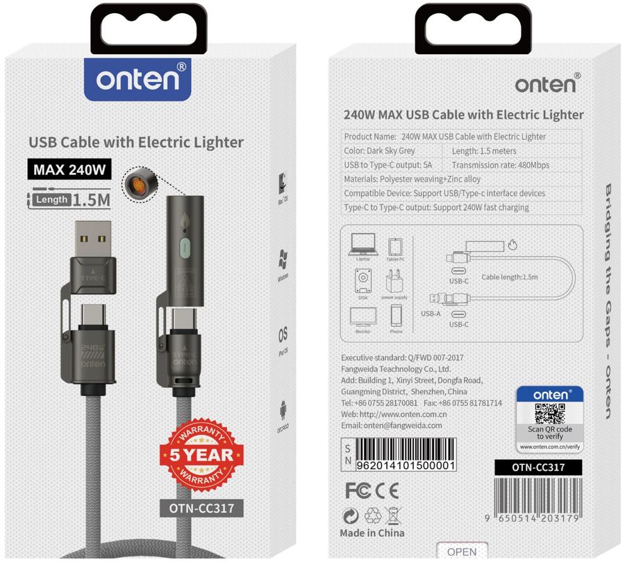 ONTEN OTN-CC317 USB Cable with Electric Lighter