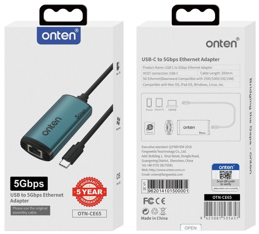 ONTEN OTN-CE65 USB-C to 5 G Ethernet Adapter