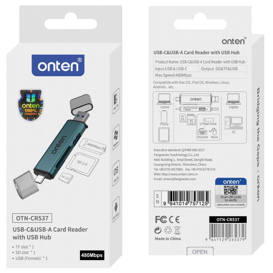 ONTEN OTN-CR537 3-in-2 USB-A &USB-C SD2.0 /TF2.0 Card Reader with USB-A 2.0 hub USB-A &USB-C SD2.0+TF2.0