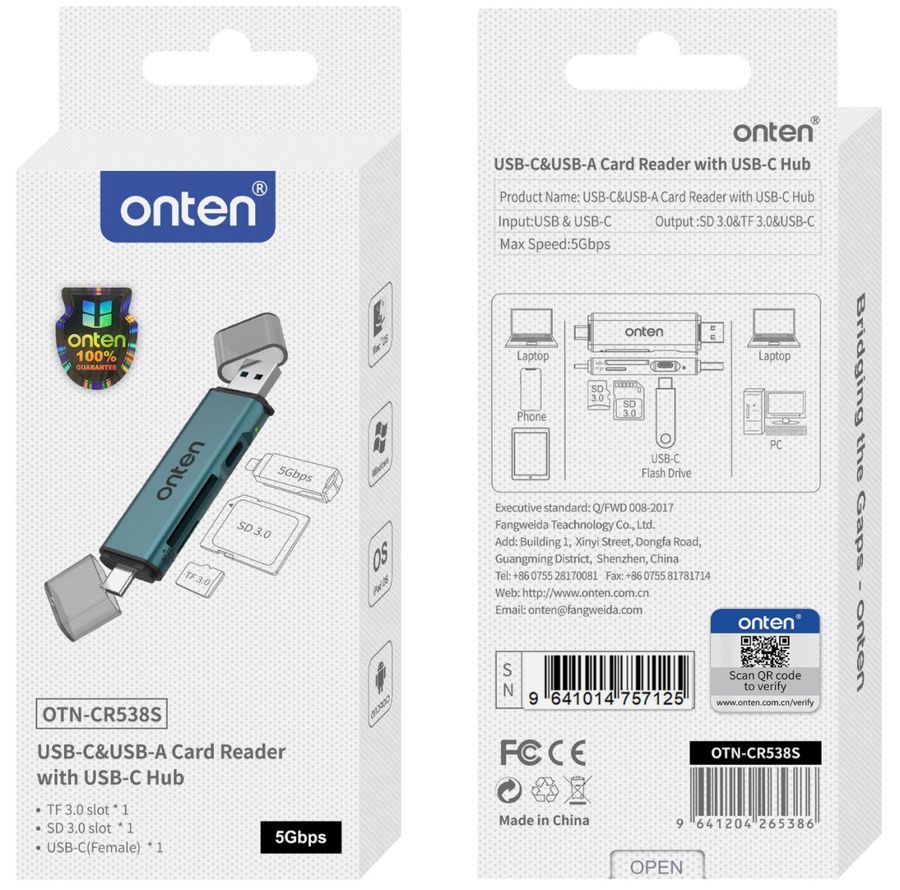 ONTEN OTN-CR538S 3-in-2 USB-A &USB-C SD3.0 /TF3.0 Card Reader with USB-C 3.0 hub USB-A &USB-C SD3.0+TF3.0