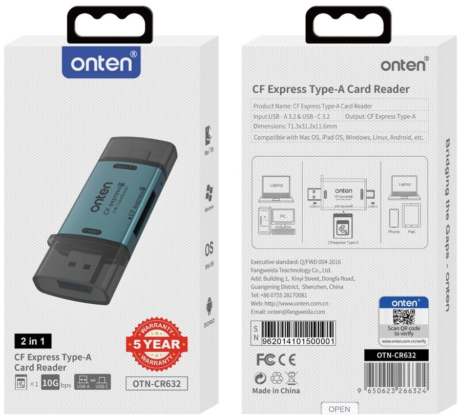 ONTEN OTN-CR632 2-in-1 USB-A/C (10G ) CFexpress TypeA Card Reader