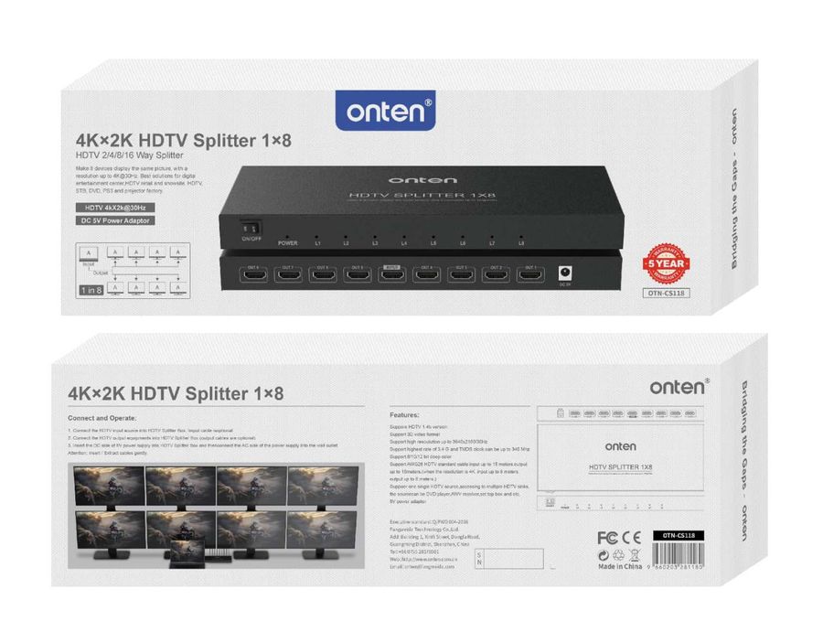 ONTEN OTN-CS118 1x8 HDMI 1.4b SPLITTER 4K@30Hz 1