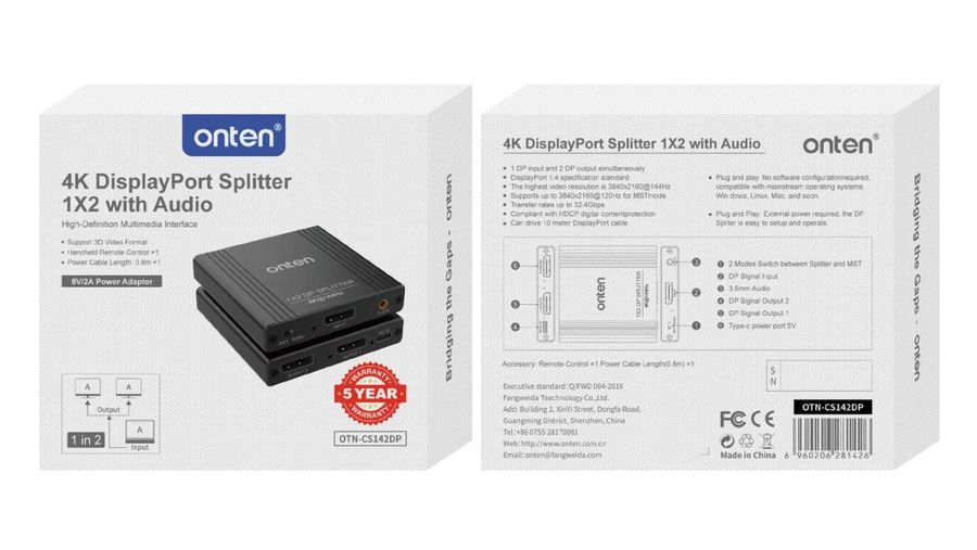 ONTEN OTN-CS142DP DP 1.4 Splitter 1X2 with Audio 4K@144Hz DP1.4