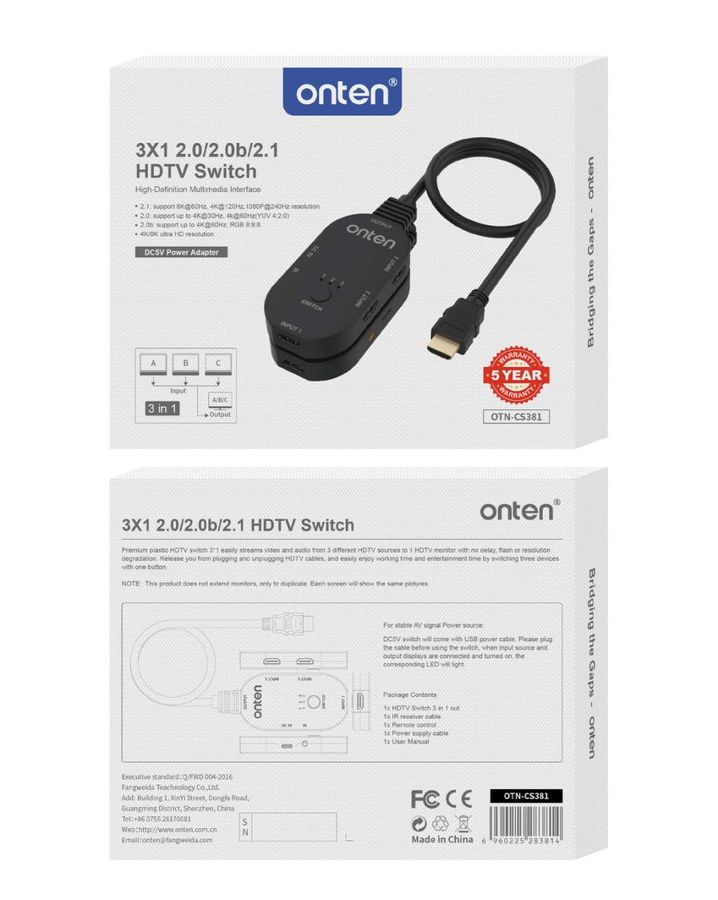 ONTEN OTN-CS381 3x1 HDMI 2.1 Switch 8K@60Hz 3*1 HDMI 2.1