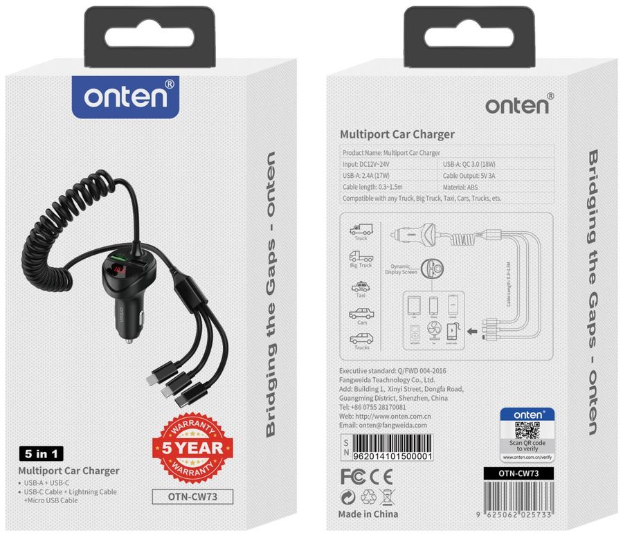 ONTEN OTN-CW73 5-in-1 Multiport Car Charger