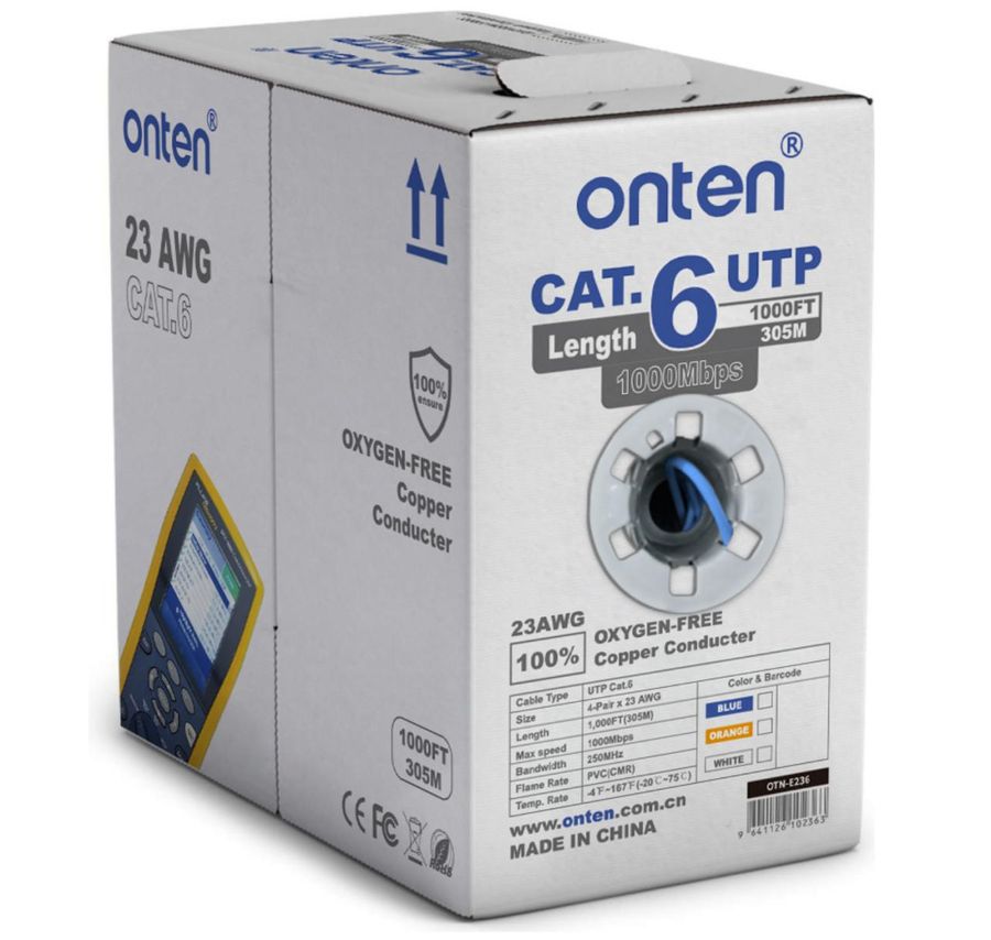 ONTEN OTN-E236 100% Certified Solid Bare Copper onten CAT.6 LAN CABLE TIA/EIA-568.C/B 23AWG 4PRS UTP 250MHz LAN OD: 6.5M