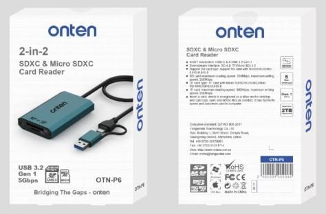 ONTEN OTN-KSS SDXC & Micro SDXC Card Reader USB 3.2 Gen 1 5Gbps Support: USB-C or USB-A