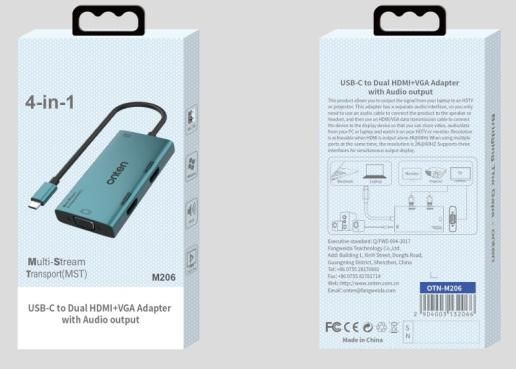 ONTEN OTN-M206 4-in-1 Type-C Multi-function dock station to HDMI*2+VGA with Audio support: MST and SST