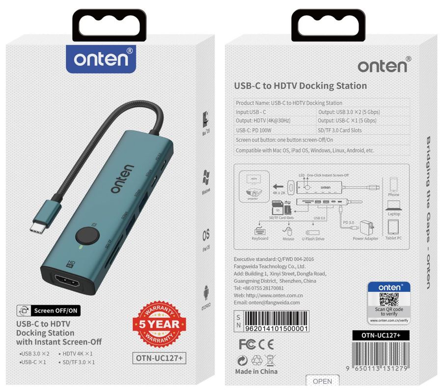 ONTEN OTN-UC127+ USB-C to HDMI Docking Station with Instant Screen- Off, SD/TF 3.0, U3 x 2, PD 3.0 / USB-C