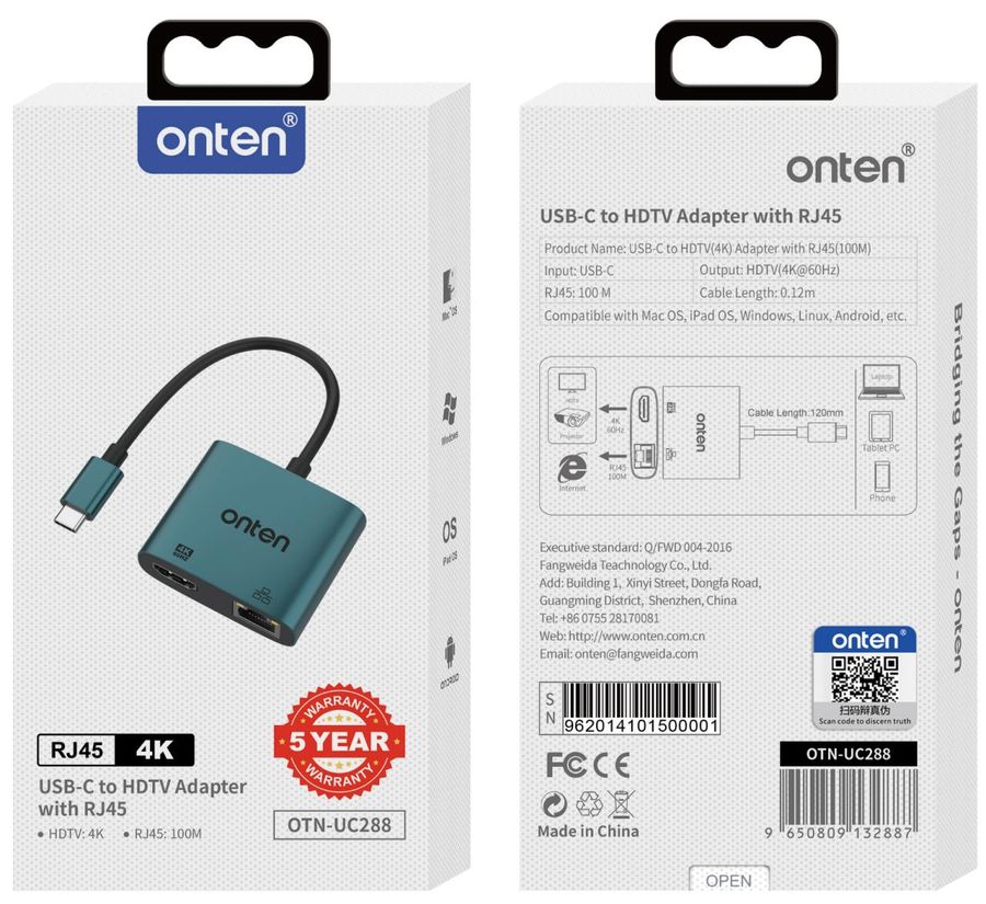 ONTEN OTN-UC288 2-in-1 USB-C to HDMI HD Video Adapter with RJ45(100M) USB-C