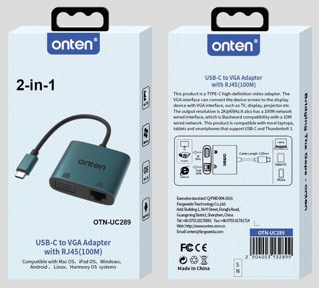 ONTEN OTN-UC289 2-in-1 USB-C to VGA Adapter with RJ45(100M) USB-C
