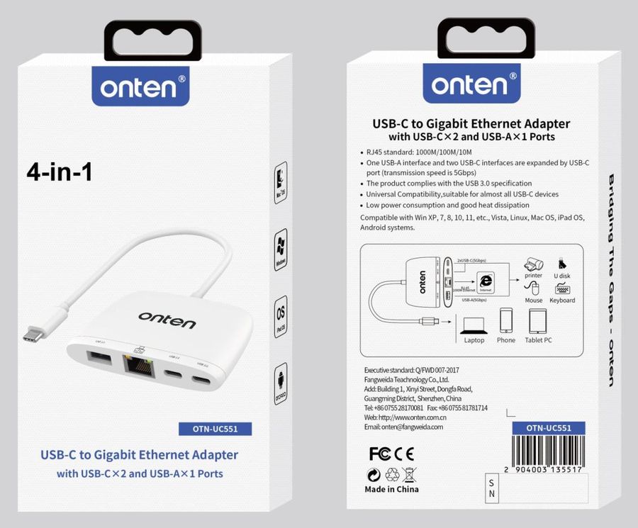 ONTEN OTN-UC551 4-in-1 USB-C to Gigabit Ethernet Adapter with 3 Ports HUB(USB 3.0*1+USB-C*2)
