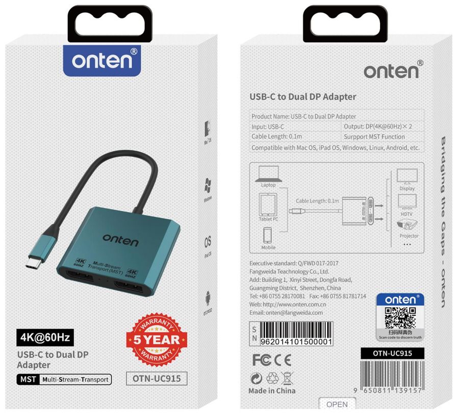 ONTEN OTN-UC915 USB-C to Dual DP Adapter