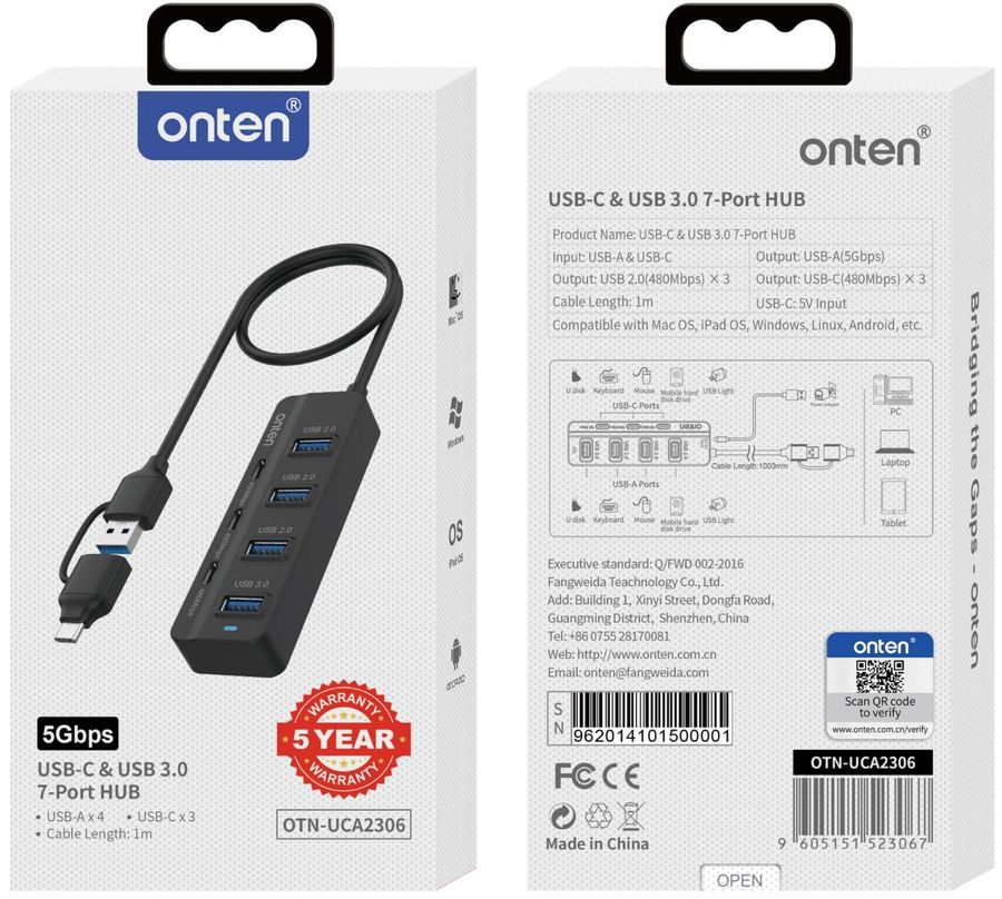 ONTEN OTN-UCA2306 7- in -2 USB-C/USB 3.0 7-Ports HUB