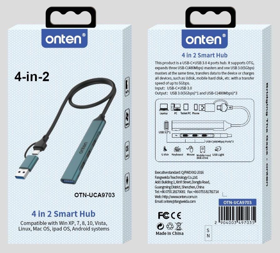 ONTEN OTN-UCA9703 4-in-2 USB C / USB A 3.0 4-Port HUBs USB A*1(5Gbps)+USB C*3(480Mbps)