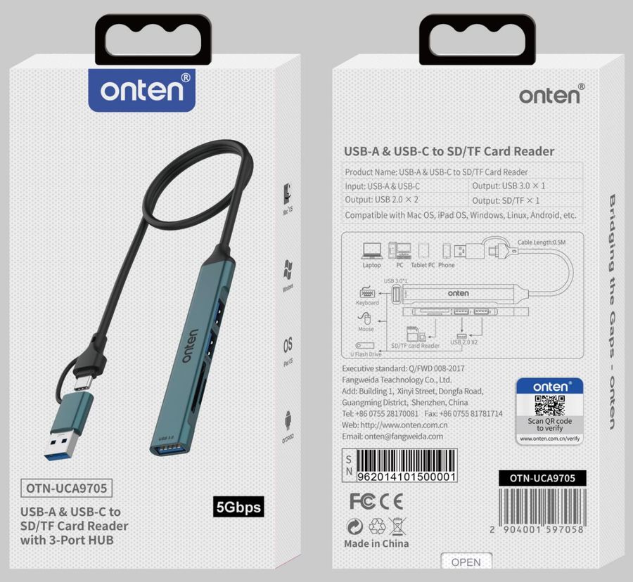 ONTEN OTN-UCA9705 5-in-2 USB-C/USB 3.0 Card Reader with 3-Port HUB