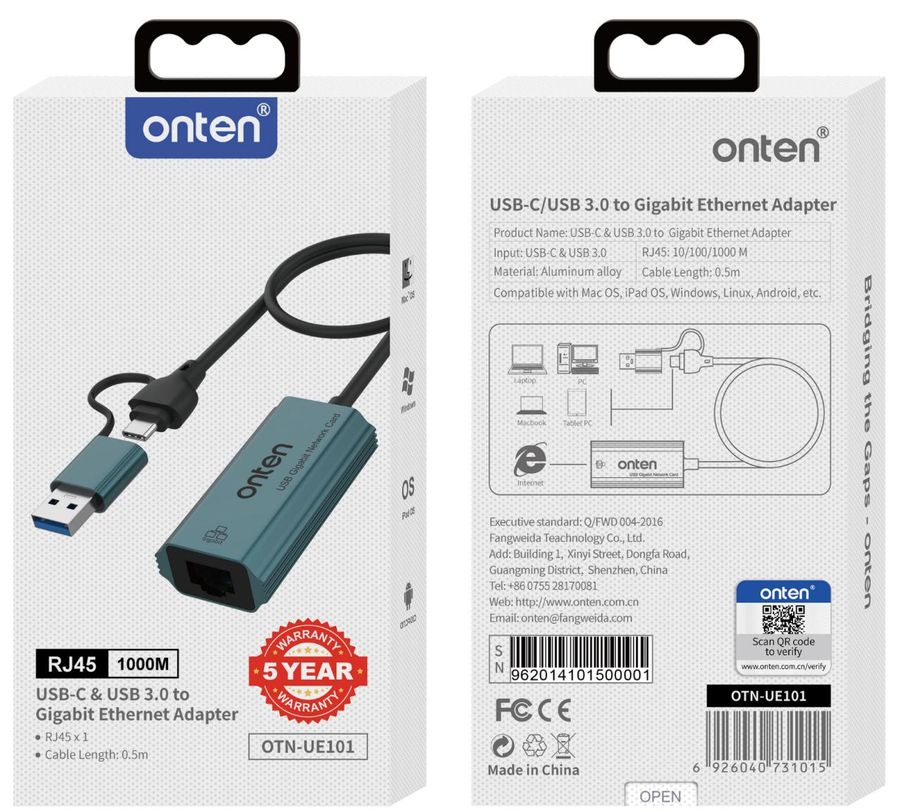 ONTEN OTN-UE101 USB-C+USB 3.0 Gigabit Network Card