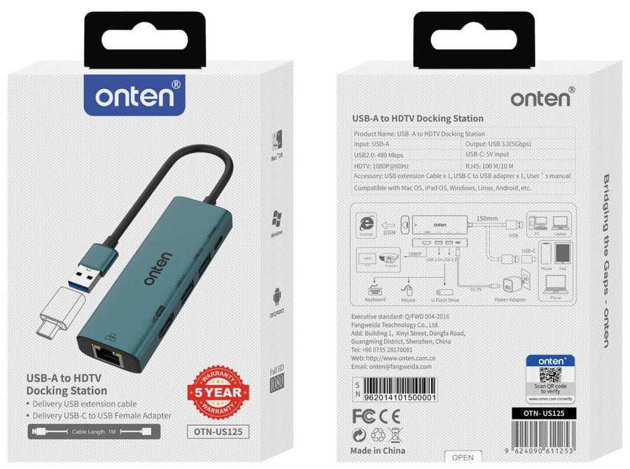 ONTEN OTN-US125 5-in-1 USB 3.0 to HDMI Adapter with 100M Network Card(USB 3.0+USB 2.0))