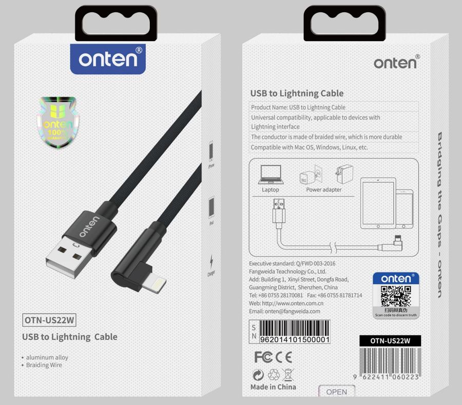 ONTEN OTN-US22W 90 charging cable USB-A to Lightning cable
