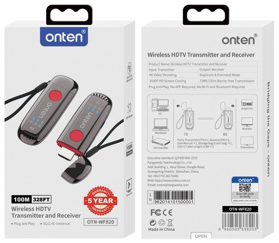 ONTEN OTN-WF820 Wireless HDMI Transmitter and Receiver